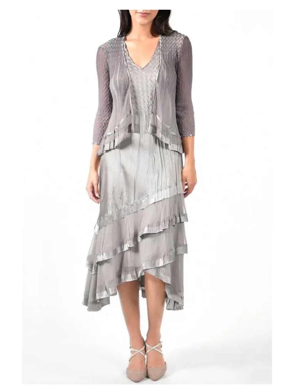 Komarov Beaded Embelished Tiered Ruffle Chiffon Dress Ombre Grey Blue Large